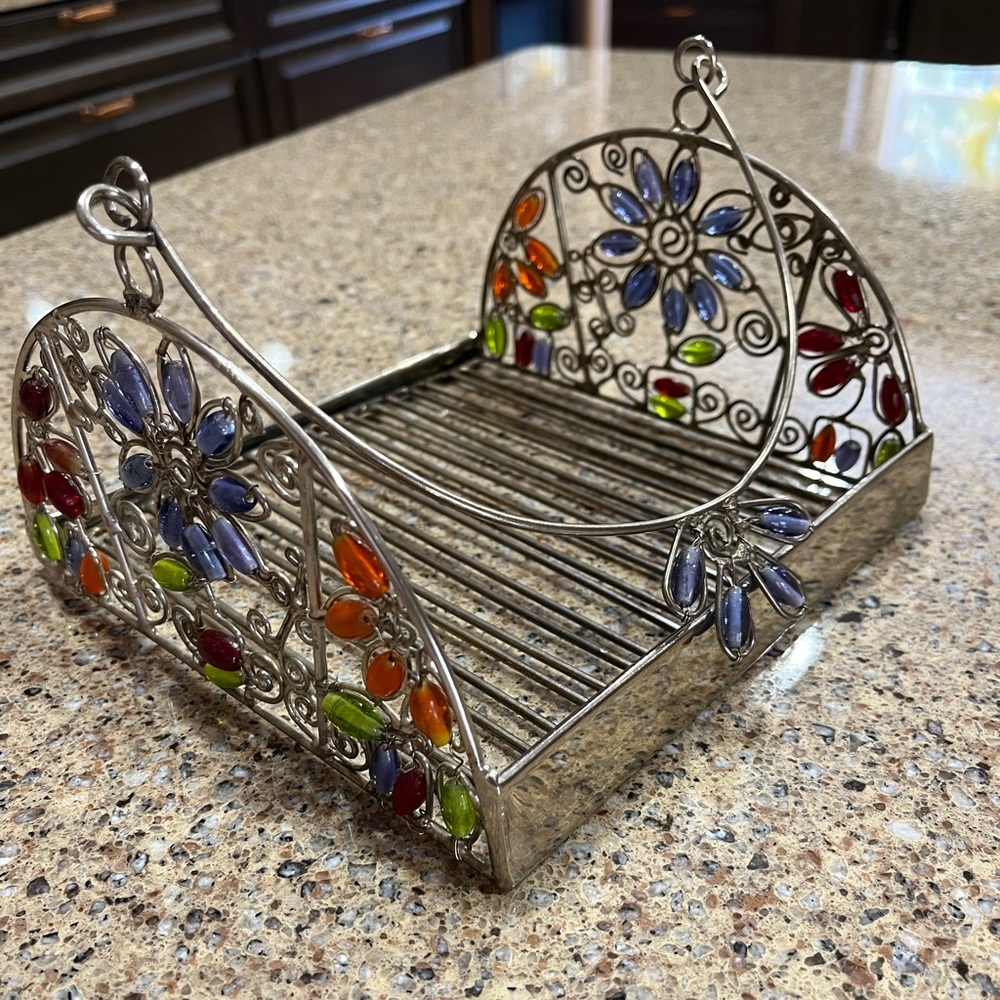 Vintage Glass Like Beaded Silver Napkin Holder with Beaded Handle - Picture 6 of 16